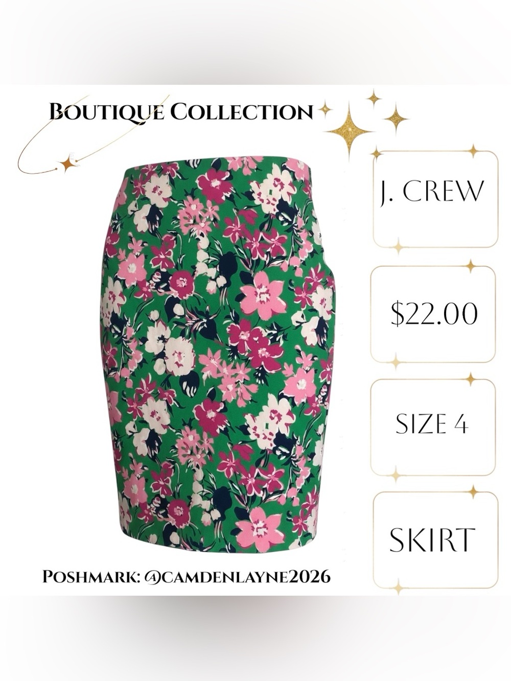 J. Crew Green Floral Pencil Skirt with Pink & White Blooms